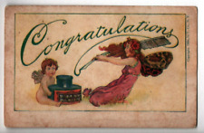 1906 Congratulations Baby Cherub Angel Fairy Quill Pen & Ink - Antique Postcard picture
