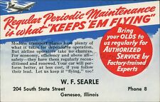Geneseo, IL postcard - airplane aviation theme Olds auto maintenance,  WF Searle picture