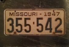 1947 Missouri Passenger License Plate # 355 542 Black On Tan Car Auto Man Cave picture