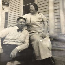 Vintage Black and White Photo Large Obese Man Woman Couple Hugging Posing Home picture
