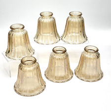 6 Vintage Amber Iridescent Amber Glass Bell Scallop Light Lamp Shades  2