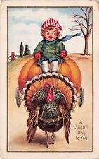 Frances Brundage Antique Thanksgiving Card Turkey Horse Pumpkin Vtg Postcard D3 picture