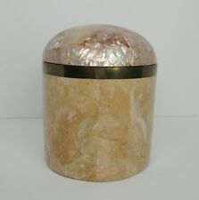 Maitland Smith Tessellated Marble Coral & Mother of Pearl Wide Canister Box Vtg picture
