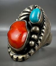 LARGE Vintage Navajo Old Pawn Sterling Silver Turquoise & Coral Ring VERY NICE picture