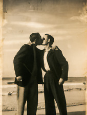 Vintage Snapshot Gay Interest Beach Men Kissing AI Generated Sepia Photo Print picture