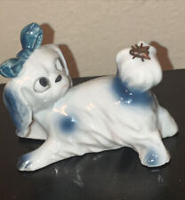 Vintage Porcelain White and Blue Dog with Fly  on Tail and 5754 Germany engraved picture