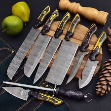 Set of 8 Chef Knives Custom Handmade Hand Forged Damascus Kitchen Knives W/Roll picture