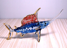blue Spearfish Marlin fish figurine hand blown glass gild trim 4.75" decor Gift picture