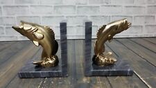 PAIR Vintage PM Craftsman Brass Tone Metal SEA BASS Fish on MARBLE Bookend USA picture