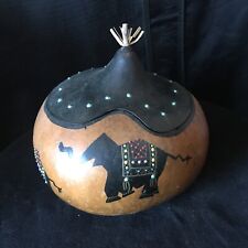 Vintage African Tribal Carved Gourd Box Elephants Africa Paint Deco Felt Lined picture