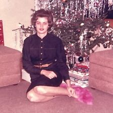 P7 Pretty Lovely Beautiful Brunette Woman Pink Fuzzy Fur Slippers Christmas Tree picture