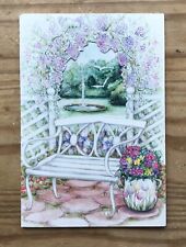 Vintage Olympicard White Bench Floral Garden Gate Fountain Get Well Card picture