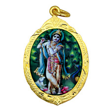 Krishna Hindu Amulet Pendant Gold Plated Frame Spiritual Protection Om Symbol #1 picture