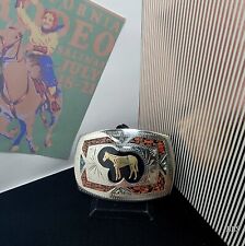 Vtg Johnson & Held 100% Handcrafted Horse Western Belt Buckle Coral Inlay  picture