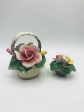 Nuova Capodimonte Porcelain Pink Yellow Roses Bouquet Basket Italy picture