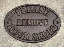 PLEASE REMOVE YOUR SHOES Brown Cast Iron Oval Wall Sign, 5” x 7” picture