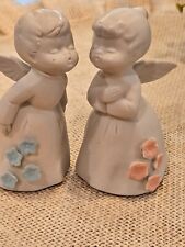 Vintage Ceramic Kissing Boy & Girl Angel Figurines With Blue and Pink Flowers picture