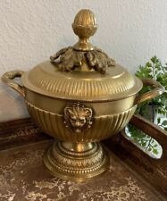 Vtg Solid Brass Urn Style Bowl Lid Trinket Pedestal Handles Lion Head Accent picture