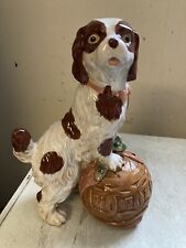 12”. VTG Asian Staffordshire Style King Charles Spaniels Foo Dog On Ball Statue picture