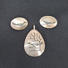 Native American Hopi Sterling Silver Pendant & Earrings Roadrunner Tree of Life picture