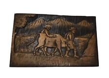Vintage Folk Art Carved Wood Plaque Cowboys With Bull picture