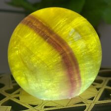 370g Rare Yellow Purple Fluorite Quartz Crystal Sphere Ball Healing Wood Base picture