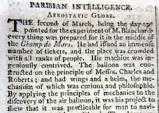 1784 newspaper JEAN PIERRE BLANCHARD 1st hydrogen BALLOON FLIGHT in PARIS France picture