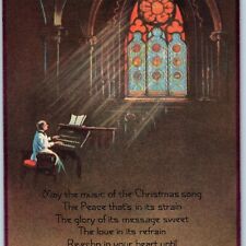c1920s Church Stained Glass Man Piano Christmas Song Greetings Card Poem Vtg 5I picture