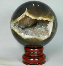 3.16lb Natural Agate Geode Quartz Crystal Cluster Sphere Ball Healing/Stand100mm picture