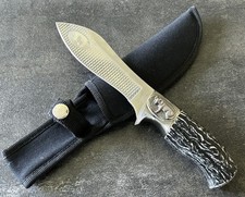 MUA Brand Bighorn Ram Hunting Knife Etched Blade Faux Stag Handle Sheath Display picture