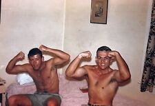 Vtg 1963 35MM Slide 2 Handsome Men Flexing Muscles Shirtless Sitting On Bed picture