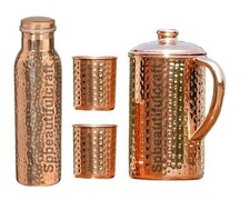 100% Pure Copper Water Pitcher Jug 1500ML Hammered Bottle Tumbler Glass Set Of 4 picture