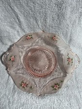 Vintage Pink Depression Glass Hand Painted Handled Cake Plate picture
