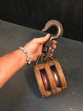 Vintage Double Block Tackle Wooden Pulley Nautical Barn Industrial Anchor picture