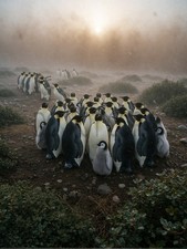 Emperor Penguins Colony Misty Sunrise Antarctic Wildlife Art Prin - AI Generated picture