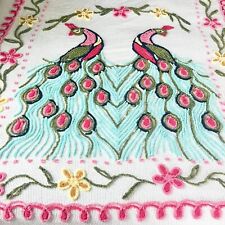 Vintage Chenille PEACOCK Flowers Bedspread 90x100” White Coverlet Pink Aqua picture