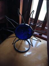 Vintage Celestial Standing Cobalt Blue Sun Face Glass Heavy Metal Candle Holder picture