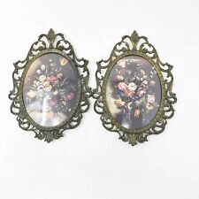 Vintage Gilt Ornate Frame Bubble Glass Floral Made In Italy Pair MCM Victorian picture