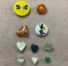 10 Vintage Novelty Buttons, All Glass, Hearts, Tinkerbell, Black Dancer, Boot picture