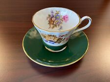 ANTIQUE AYNSLEY BONE CHINA TEA CUP & SAUCER - GREEN WITH GOLD TRIM & FLOWERS picture
