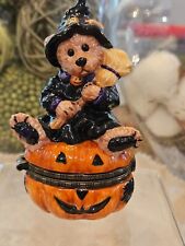 Collectible Boyds Bearware Pottery Pumpkin Bear Witch With Broom Trinket Box picture