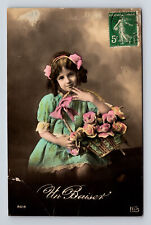 c1913 RPPC Portrait Young French Girl Flower Basket Hand Colored FELIS Postcard picture