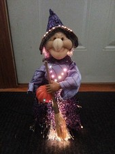 KIDS OF AMERICA Fiber Optic LIGHT-UP 16"Tall Halloween WITCH Pumpkin SPIDER WEB picture