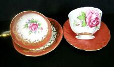  ANYSLEY TEACUP & SAUCER SETS Coral Cabbage Rose Vintage RARE Antique Lot of 2 picture