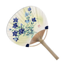 Japanese Uchiwa Flat Fan Hand Held Bamboo Handle Blue Kikyo Flower Pattern picture