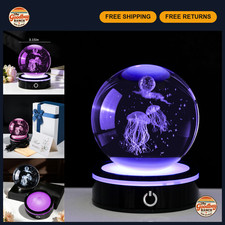 3D Jellyfish Crystal Ball with Colorful LED Base - Ocean Figurine Gift, 3.15 picture