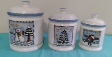 SET OF 3 VINTAGE CHRISTMAS SNOWMAN, TREE, SANTA CERAMIC CANISTERS picture