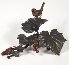 Antique 1890s Meiji Japanese Bronze Song Bird Grapes Leaves Okimono Signed picture
