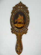 Vintage Inlaid Olive Wood Vanity Mirror Hand Held Carved Mother Child Father picture