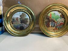 2 Vintage Solid Brass Colorful Painted Wall Display Plates Made In Englad 7” picture